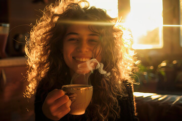 A woman with curly hair is holding a cup of coffee and smiling, generative ai.