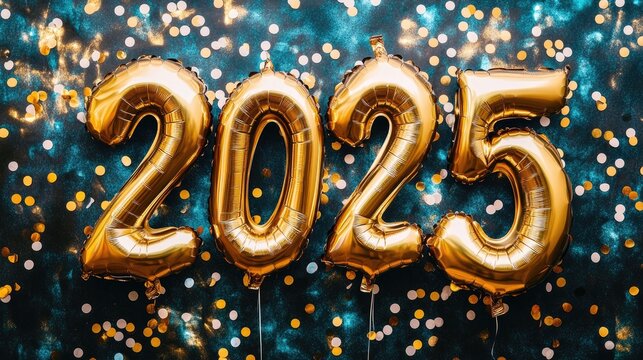 Close-up of gold foil balloons forming the numbers 