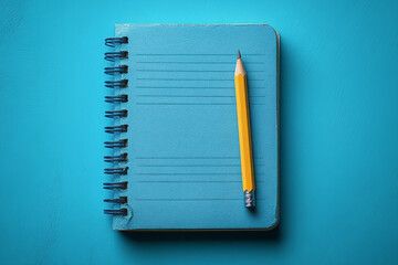 Fototapete - A simple, lined notebook with a pencil resting on its cover, isolated on a pastel blue background,