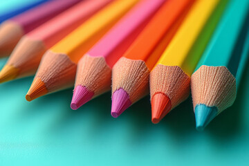 Leinwandbilder - A set of colored pencils fanned out in a rainbow pattern on a pastel mint green background,