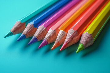 Leinwandbilder - A set of colored pencils fanned out in a rainbow pattern on a pastel mint green background,