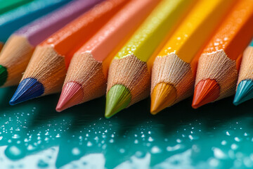 Leinwandbilder - A set of colored pencils fanned out in a rainbow pattern on a pastel mint green background,