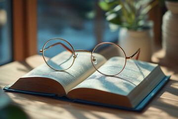 Leinwandbilder - A pair of round glasses and an open book, resting on a pastel cream background, symbolizing wisdom and study,