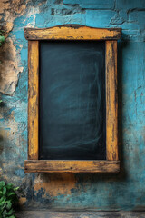 Poster - A simple blackboard isolated on a pastel blue background, with a faint chalk drawing on it,