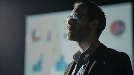 Poster - Close-up of a focused businessman wearing glasses, analyzing data charts projected on a screen during a presentation.
