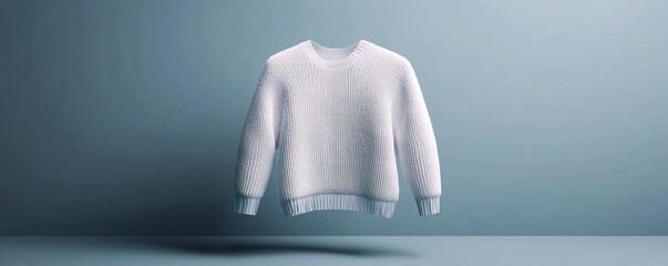 White woolen sweater floating on minimalist blue background