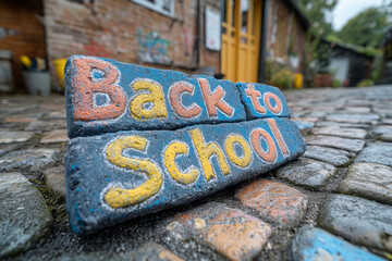Poster - Back to School spelled out using pieces of chalk, isolated on a brick wall texture,