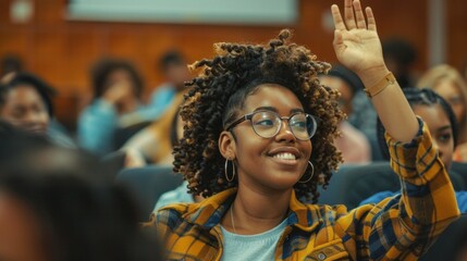 Poster - A cheerful student eagerly participates in class, raising her hand to contribute to a spirited discussion among peers