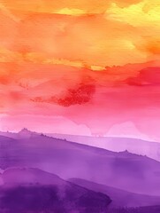 Wall Mural - A colorful sunrise or sunset watercolor background design with paint bleeds and fringing in hues of yellow gold pink and purple