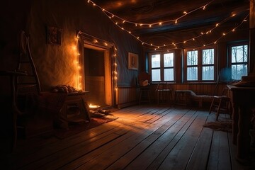 wooden cabin interior with lights