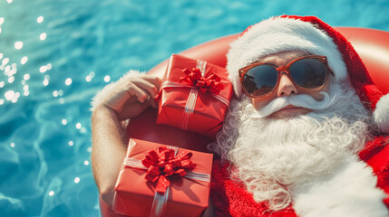 Wall Mural - merry christmas holiday vacation winter greeting card concept, - cool hipster santa claus with sungl