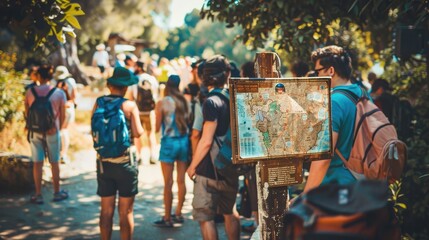 Wall Mural - tourist hotspot where visitors gather around a map on a wooden signboard, eagerly planning their sightseeing itinerary.