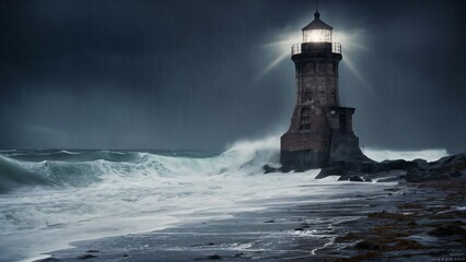 Lighthouse sign in the middle of a strong wave.	
