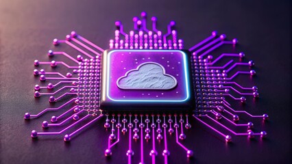 Poster - An artistic representation of a cloud computing concept, featuring a microchip with a cloud symbol, symbolizing advanced data upload and storage technology in the digital age. clear focus