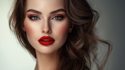  Portrait of a fashion model with deep blue eyes, strong eyebrows, and bold red lips.