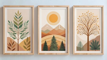 Poster - Modern Framed Artwork Trees and Branches with Abstract Shapes and Geometric Patterns in Earthy Tones
