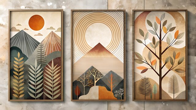 Modern Framed Artwork Trees and Branches with Abstract Shapes and Geometric Patterns in Earthy Tones
