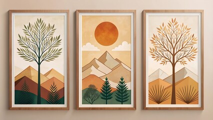 Poster - Modern Framed Artwork Trees and Branches with Abstract Shapes and Geometric Patterns in Earthy Tones