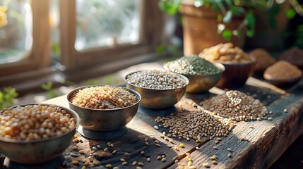 Wall Mural - A close-up shot of a set of measuring cups filled with various grains, placed on a rustic wooden table, with sunlight creating intricate shadows and highlights,