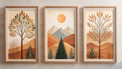 Poster - Modern Framed Artwork Trees and Branches with Abstract Shapes and Geometric Patterns in Earthy Tones