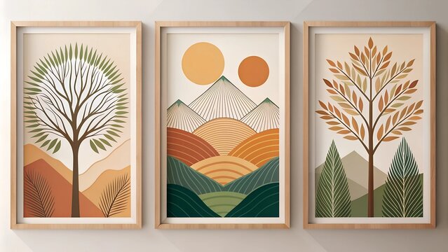 Modern Framed Artwork Trees and Branches with Abstract Shapes and Geometric Patterns in Earthy Tones