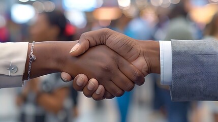 Sticker - A close-up photograph of a career fair interview, focus on a candidate and recruiter shaking hands, crowded background with other booths and attendees, vibrant and professional setting, hd quality,