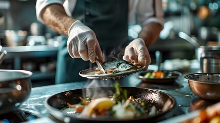 Chef Serving Grilled Fish with Vegetables.