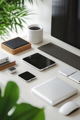 Wall Mural - Modern devices lying on desk with coffee mug at home office