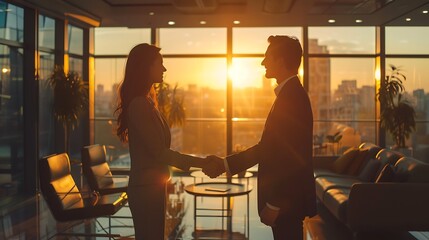 Poster - A photograph capturing the moment of a firm handshake between an interviewer and a candidate in a modern office, both in professional attire, large windows letting in natural light, sleek furniture,