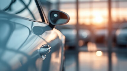 A closeup shot of a car's side mirror reflects sunlight in a modern showroom, symbolizing elegance, innovation, and the sleek design of contemporary automotive technology.