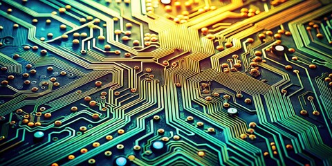 Poster - Abstract close-up of circuit board with intricate patterns and interconnected components, technology, core, data