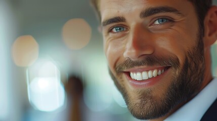 Sticker - A close-up image of an interview, capturing the candidate's confident smile and eye contact with the interviewer, both in business attire, background subtly blurred, hd quality, natural look.