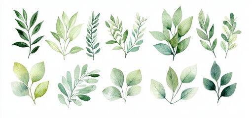 Sticker - The watercolor floral illustration set features a collection of green leaf plants suitable for wedding stationary, greeting cards, wallpapers, fashion, and backgrounds. Eucalyptus, olive leaves, and