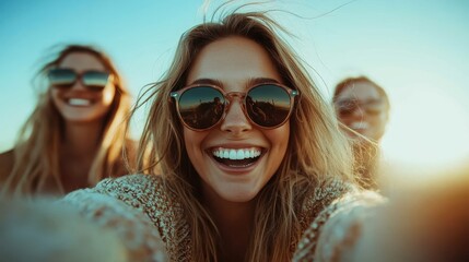 Three women, dressed casually, capture a sunlit selfie outdoors, reflecting friendship and joy. Their bright expressions and casual attire emphasize a carefree day out together.