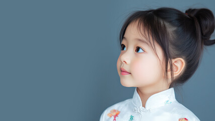 Wall Mural - Side view of Chinese little girl wearing white dress isolated on gray