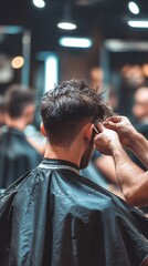 Close-up view of a barber trimming a client's hair with electric clippers in a modern barbershop, showcasing the precision and skill of the haircutting process.