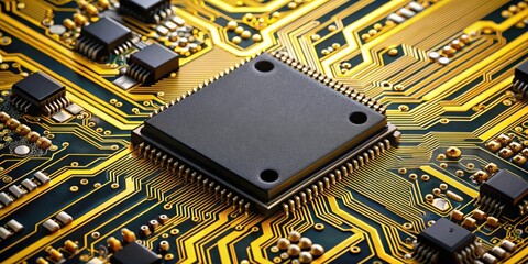 Poster - render of advanced micro mixer chip on black and yellow circuit board, technology, innovation, circuitry