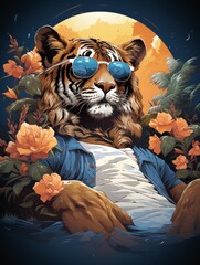 Wall Mural - Cool Tiger in Hawaiian Shirt Relaxing on a Pool Float T-Shirt