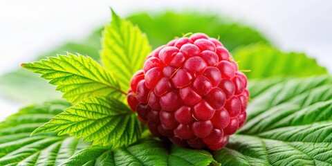 Aufkleber - Sweet raspberry with green leaves , fresh, vibrant, summer, fruit, organic, garden, healthy, juicy, ripe, red, delicious
