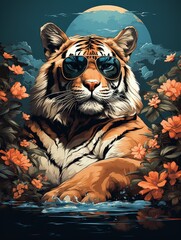 Wall Mural - Stylish Tiger Poolside T-Shirt with Hawaiian Shirt and Sunglasses