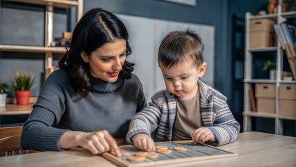 Canvas Print - teacher and toddler playing with maths puzzle game.