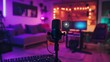 © Maria Mikhaylichenko - Vibrant home studio setup with professional microphone in foreground, colorful ambient lighting, and cozy streaming environment for content creators.