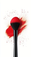 Vibrant makeup brush with red powder explosion on white background, capturing the dynamic essence of beauty artistry and cosmetic application.