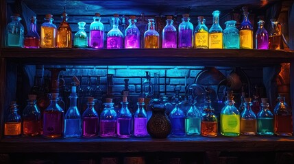 Enchanting Witch's Laboratory with Colorful Glowing Potion Bottles on Shelves