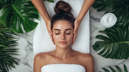 serene woman enjoying luxurious spa treatment surrounded by lush tropical leaves, embodying relaxati