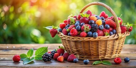 Wall Mural - Detailed and realistic Victorian basket of berries on a garden table with vibrant colors , berries, Victorian