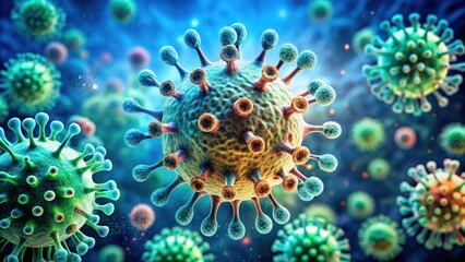 Aufkleber - A close-up of a virus spore under a microscope surrounded by germs and bacteria, virus, spore, epidemic, contagious disease, corona