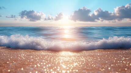 Poster - Sunlight dances on the water as gentle waves kiss the shore, creating a serene atmosphere at sunset