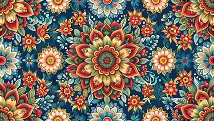 Poster - Ornamental raster seamless pattern with abstract flower designs, grid, seamless, pattern, ornamental, raster, abstract