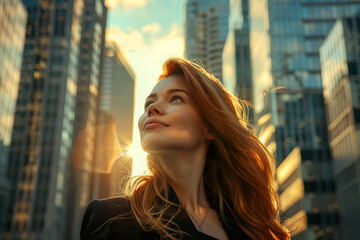 A woman with red hair is standing in front of a tall building, generative ai.